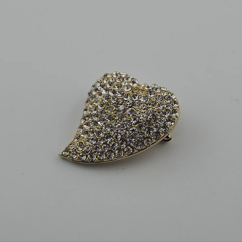 Vintage Stylized Heart Brooch Pin Clear Pave Rhinestones Gold Tone